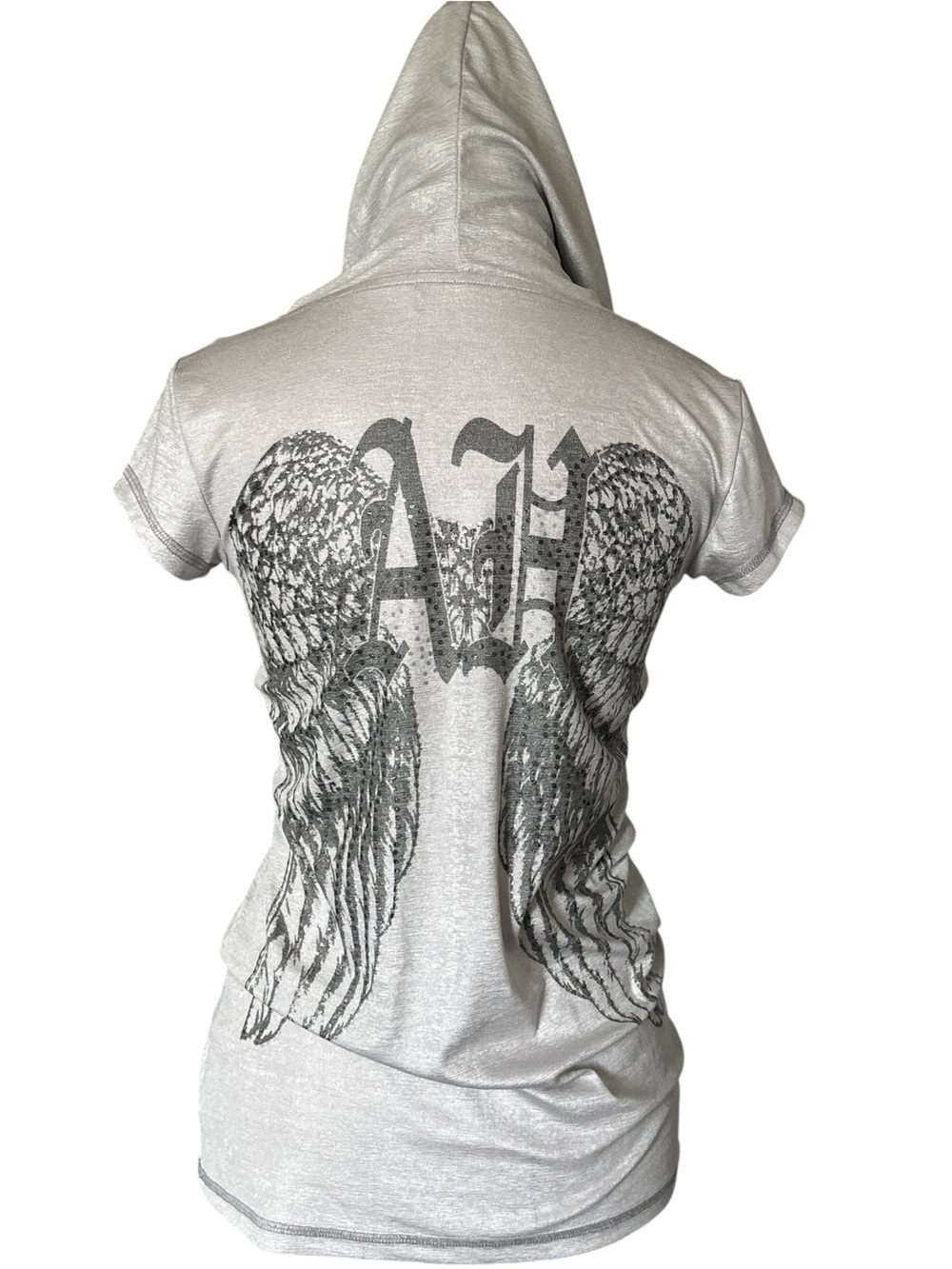 Y2K Style “Angel” Silver and Grey Wing Graphic Short Sleeve Hoodie Top